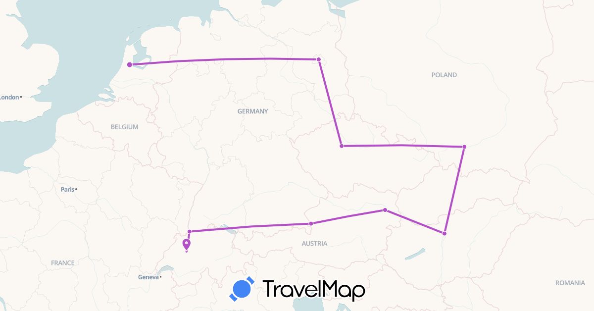 TravelMap itinerary: driving, train in Austria, Switzerland, Czech Republic, Germany, Hungary, Netherlands, Poland (Europe)